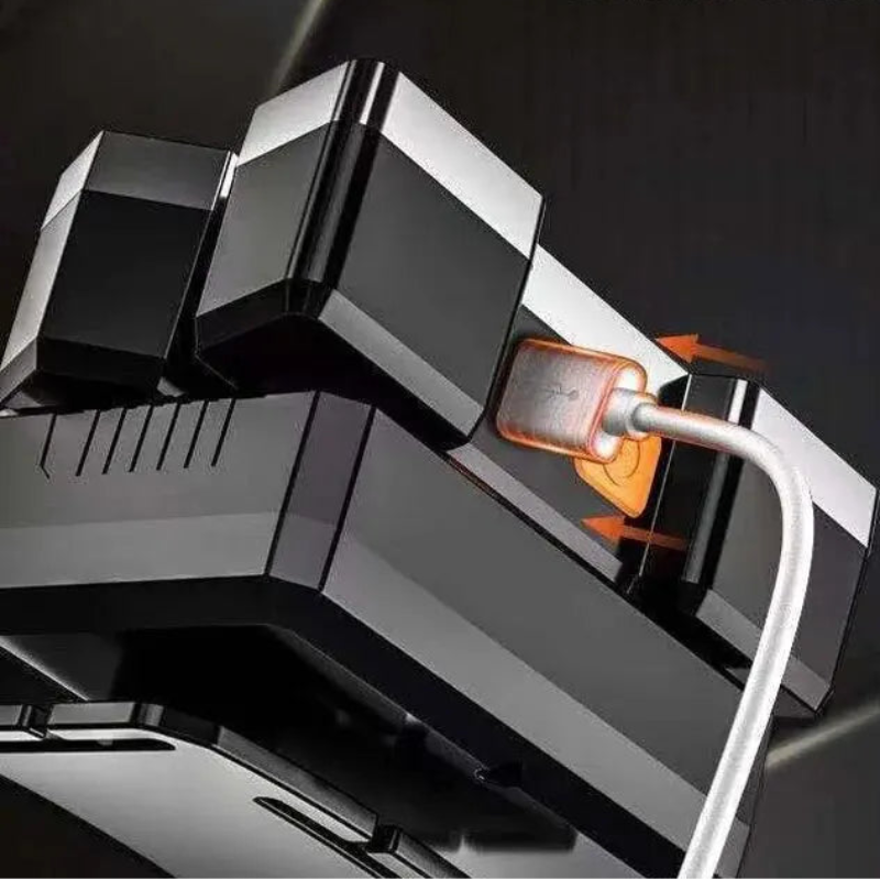Smart fast charging port with USB cable on a dark background
