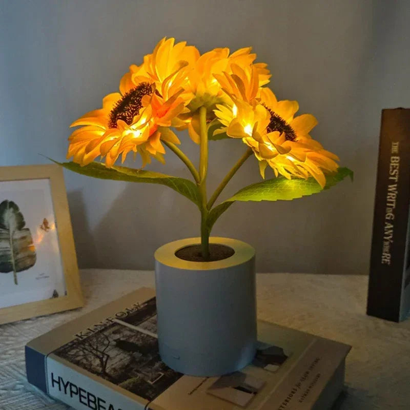 Sunflower LED night light USB rechargeable – warm white bedside lamp 26cm for bedroom and desk