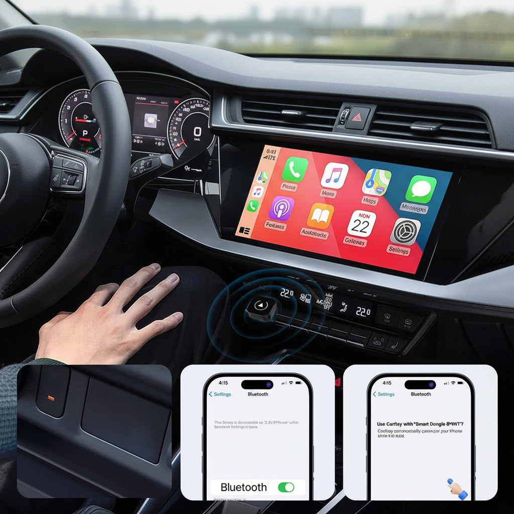 Car dashboard with wireless car adapter and smartphone displaying connectivity options, text 'Plug and Play' and '5-10s quick start'.