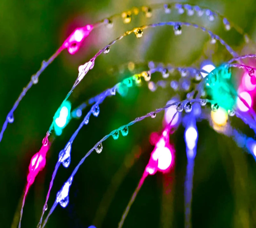 Colorful string lights with water droplets on a green background, featuring weather resistance icons and IP65 waterproof text.