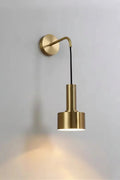 Gold wall-mounted lamp with dimensions indicated on a light gray background