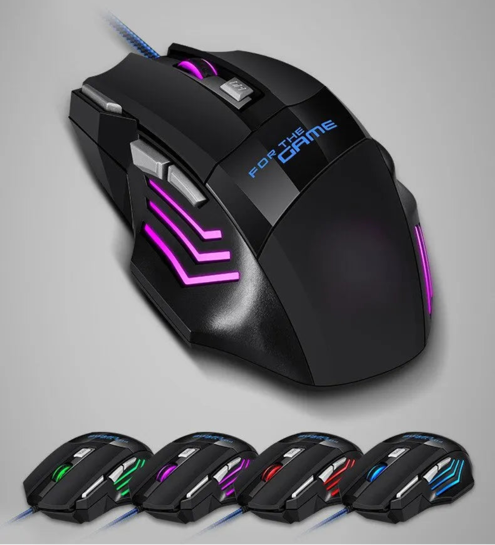 Black gaming mouse with colorful gradient breathing lights on a gray background