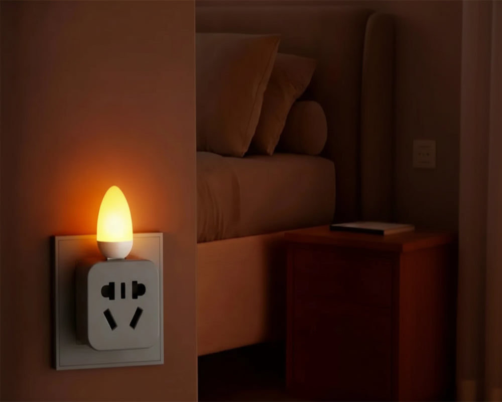 Small night light attached to a wall socket with a cozy bedroom setting.