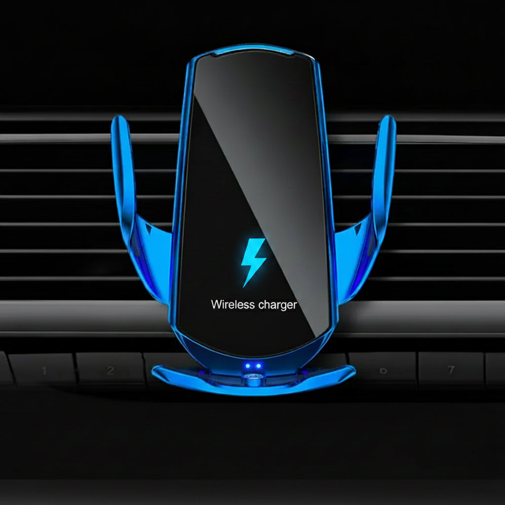 Smart Auto-Clamping Wireless Car Charger Mount in Blue – 15W Fast Charging