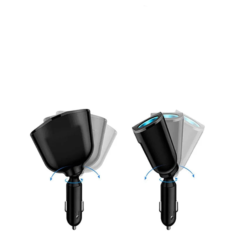 Car charger with 360-degree rotation feature on a white background