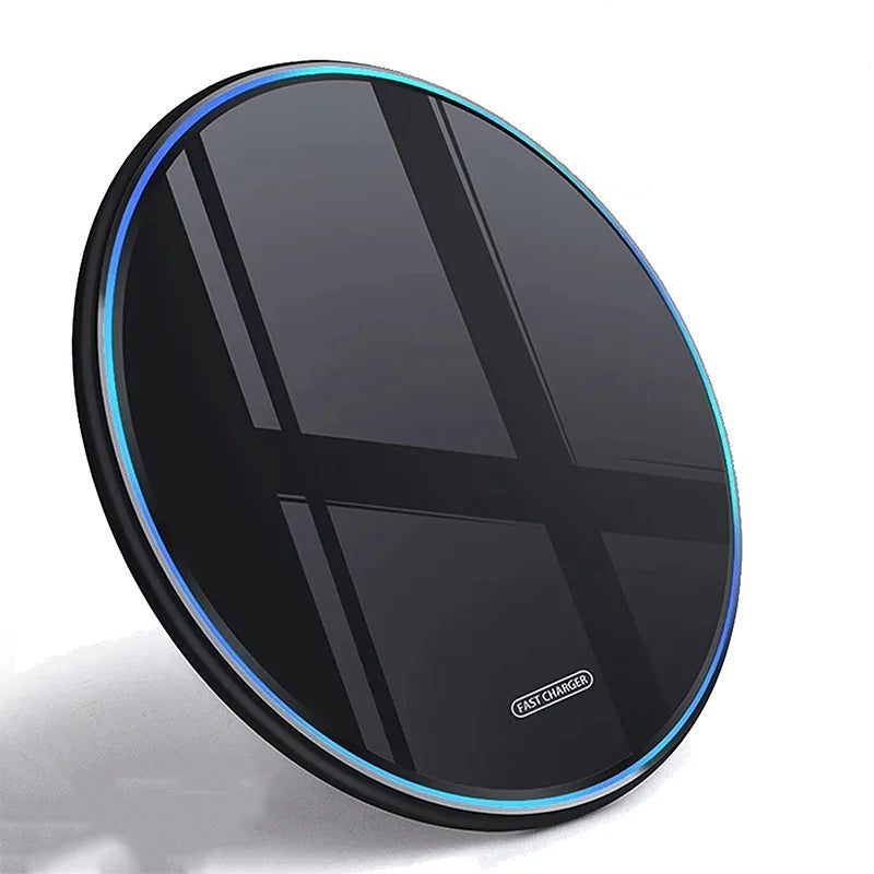 Black wireless charging pad with '15W Fast Charging' text on a white background