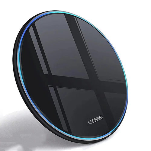 Black wireless charging pad with '15W Fast Charging' text on a white background