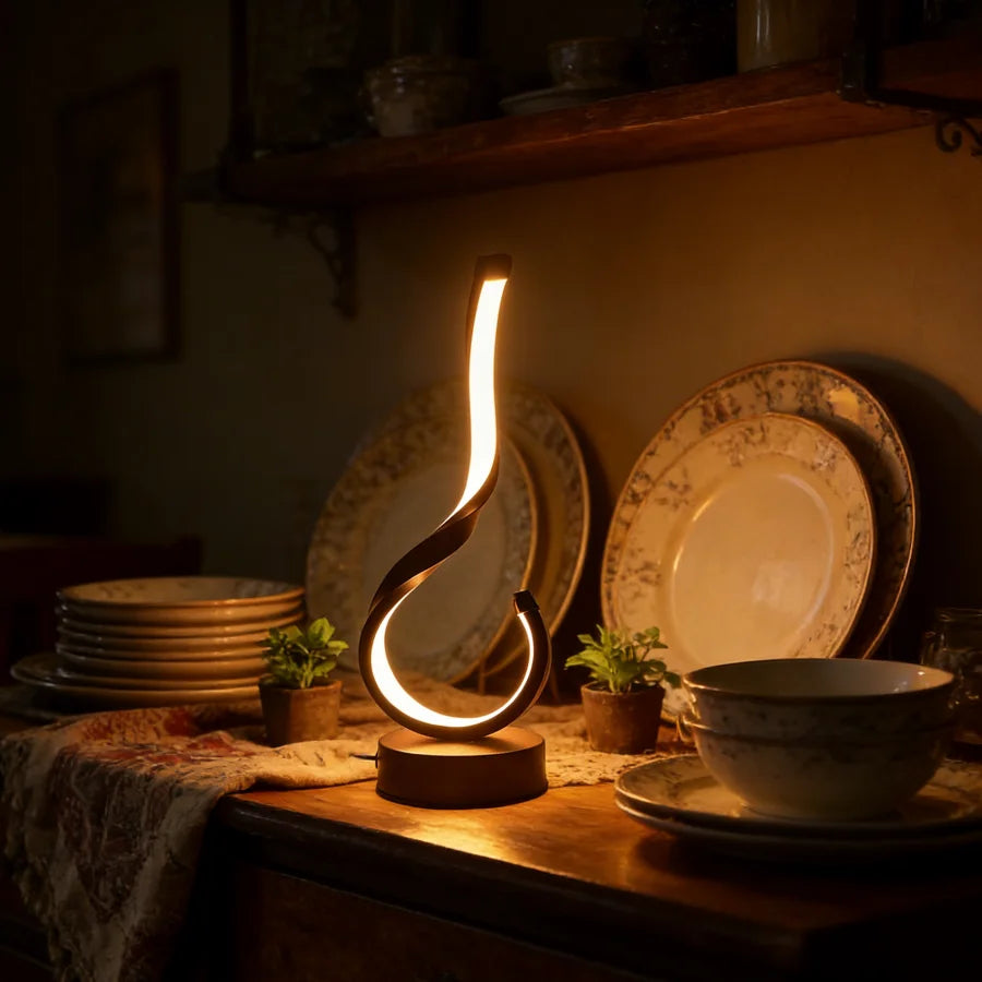 Modern table lamp with a warm glow on a wooden surface with decorative plates and bowls in the background.