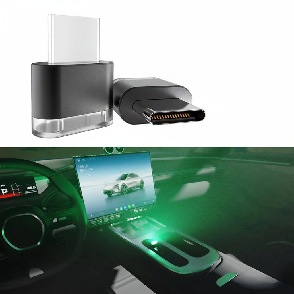 Type-C adapter with colorful ambient light feature, shown in use inside a car.