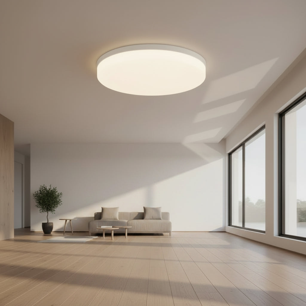 Ceiling light fixture with specifications on a neutral background