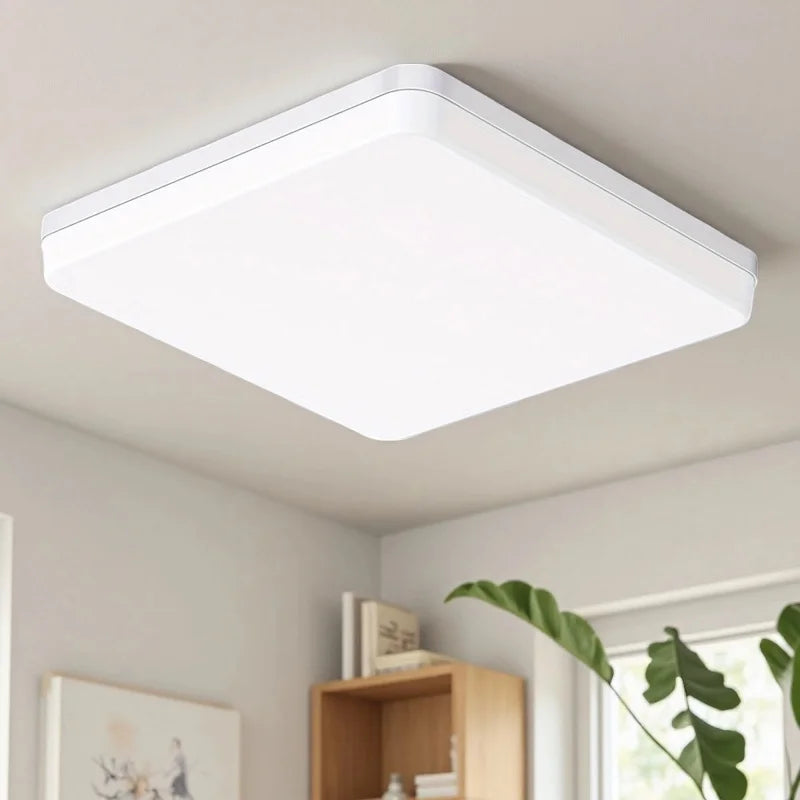 Ceiling light fixture in a room with a window and bookshelf.