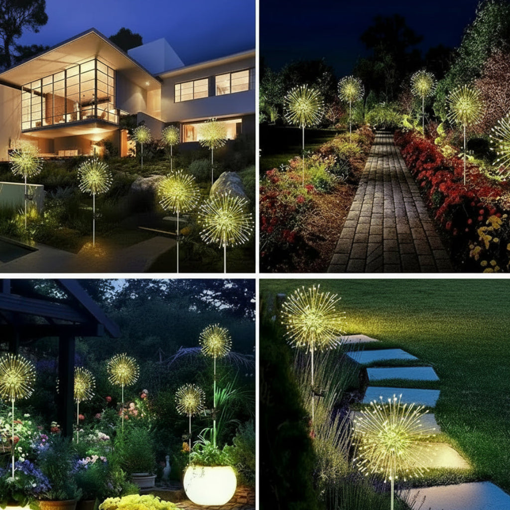 Collage of outdoor garden lights illuminating a modern house and pathways.