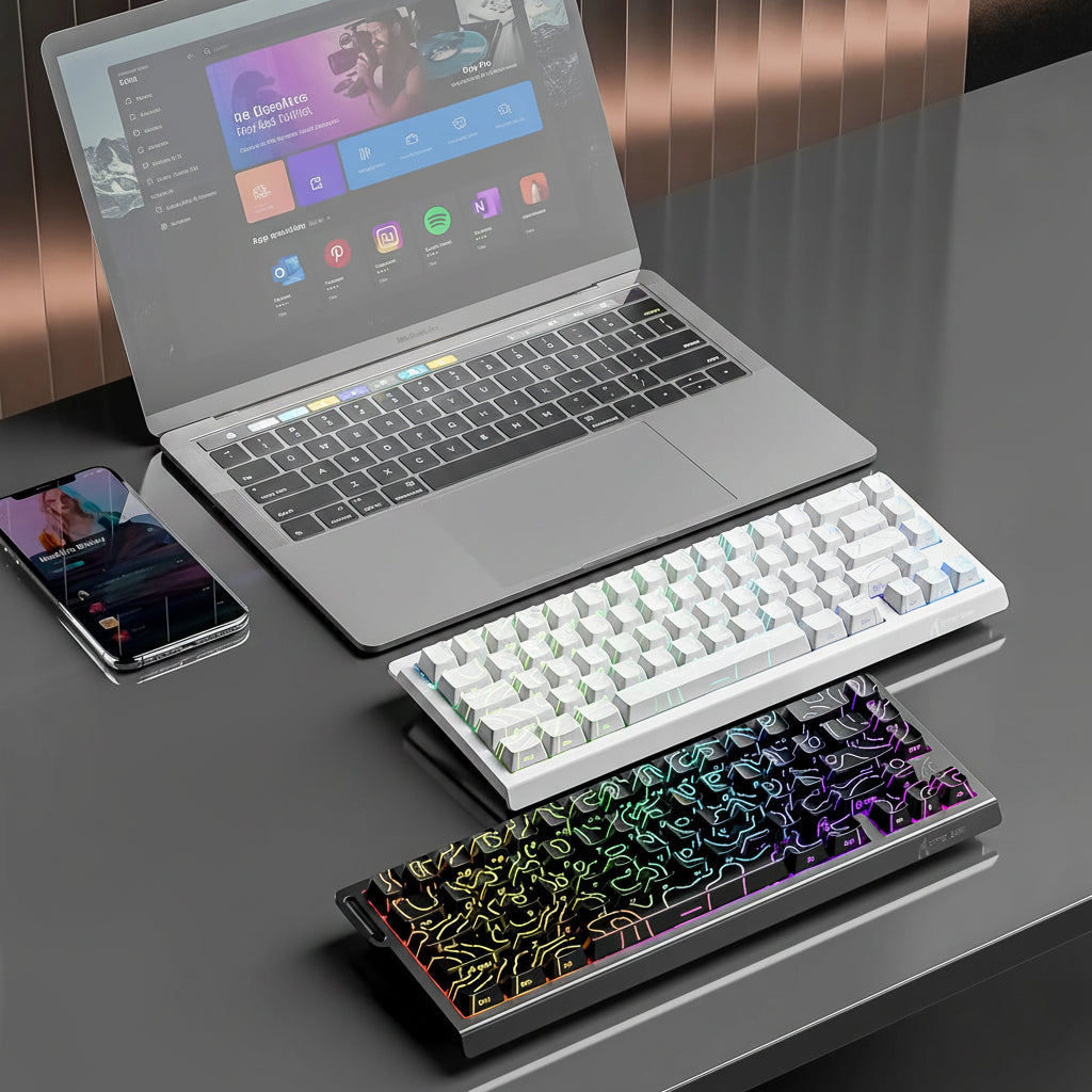 Keyboard with 8KHz text and laptop on a reflective surface