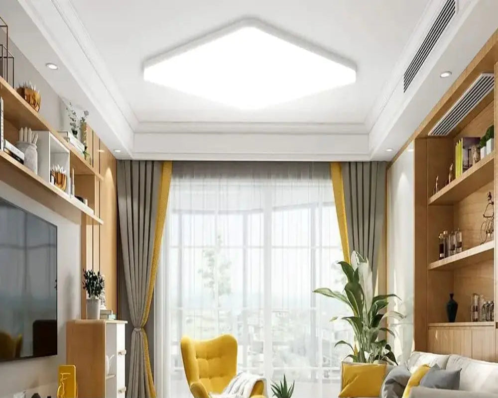 Modern living room with wooden shelves, a yellow chair, and a large window. High color rendering index text overlay.