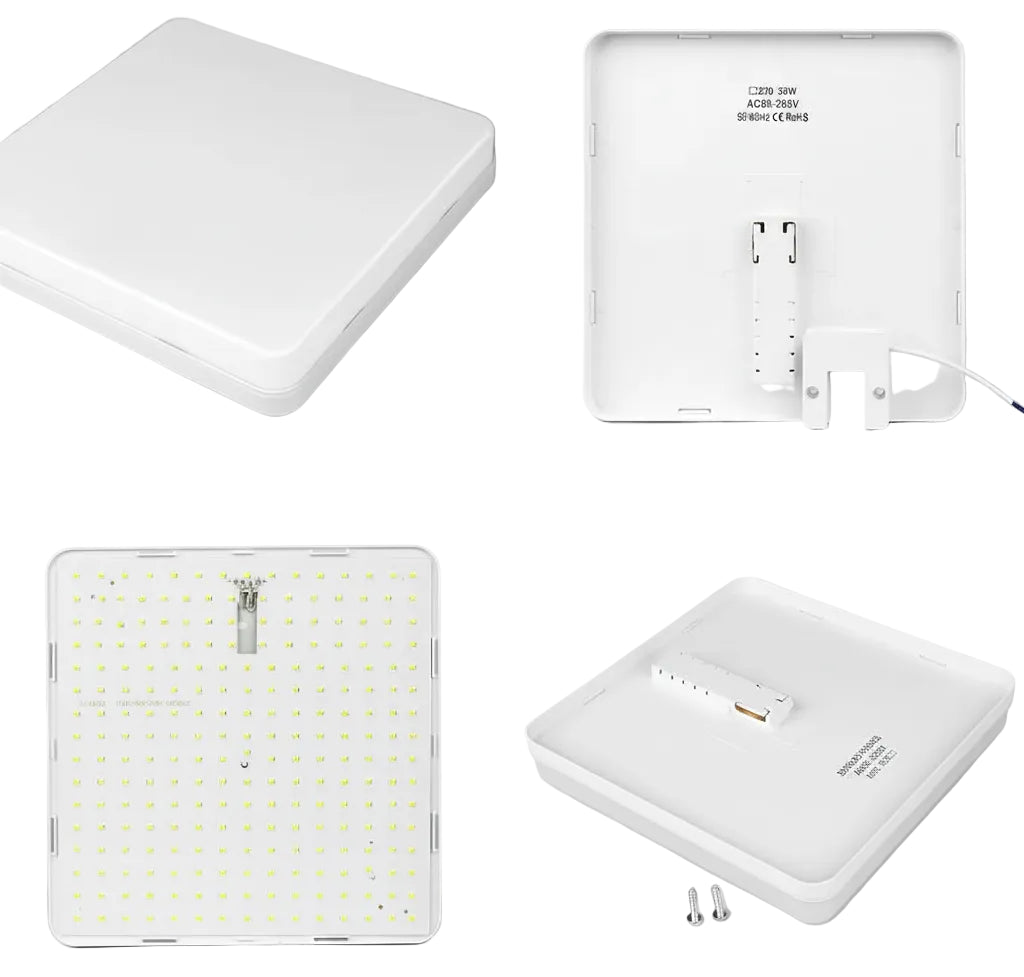 Collage of a white LED light fixture showing different parts and features on a gray background.
