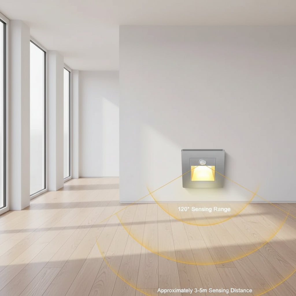Intrusion alarm sensor with 120-degree sensing range on a wooden floor.