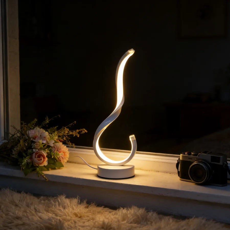 Modern table lamp with a unique design on a windowsill next to flowers and a camera.