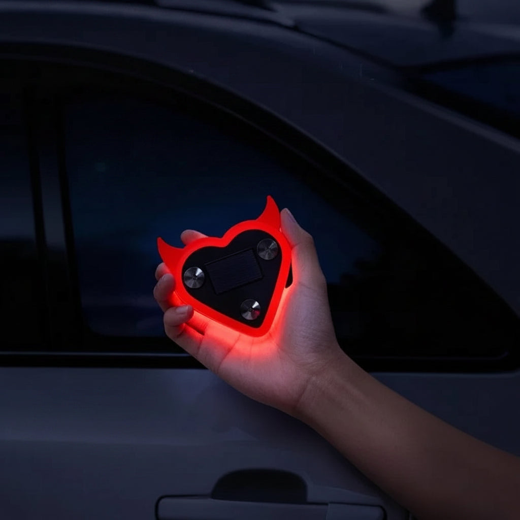 Hand holding a red heart-shaped light with text about high-brightness lighting in a dark setting.