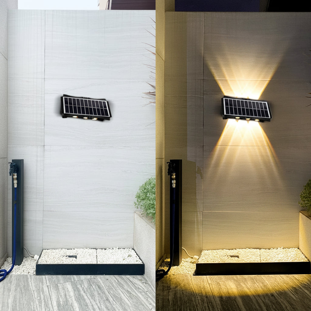 Solar-powered wall light showing charging during the day and illuminating at night.