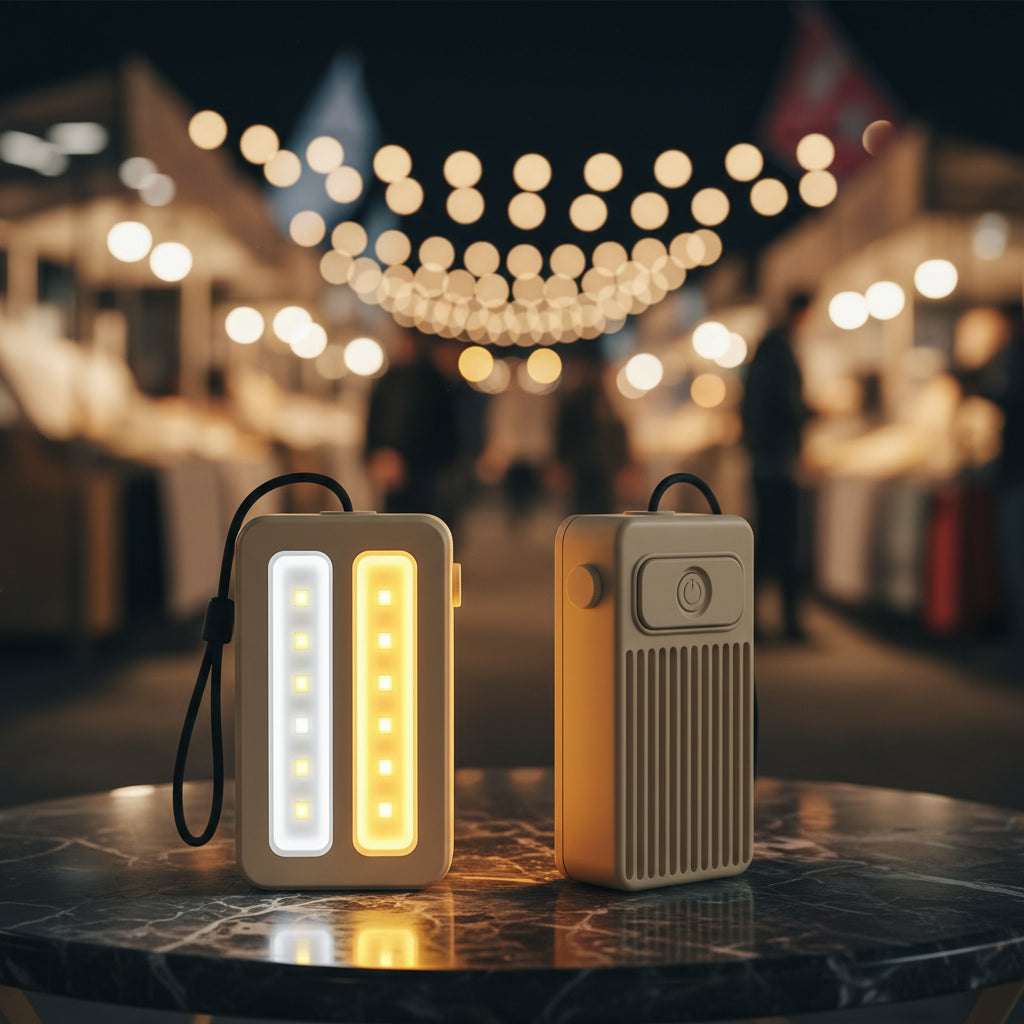 LED multifunctional stall light with charging cable on a blurred outdoor camping background