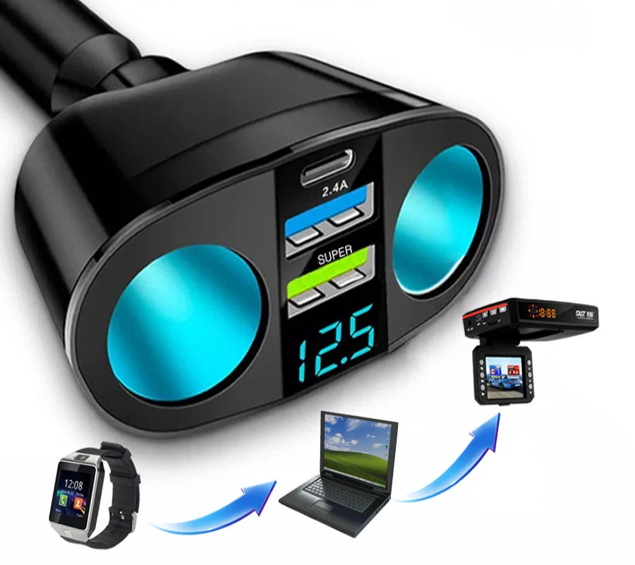 Car charger with digital display and compatibility with tachograph, smart watch, and computer.