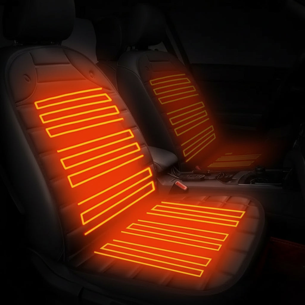 Car seat heating pad with glowing orange heating elements, labeled '2025 New Intelligent heating pad' and '12V'.