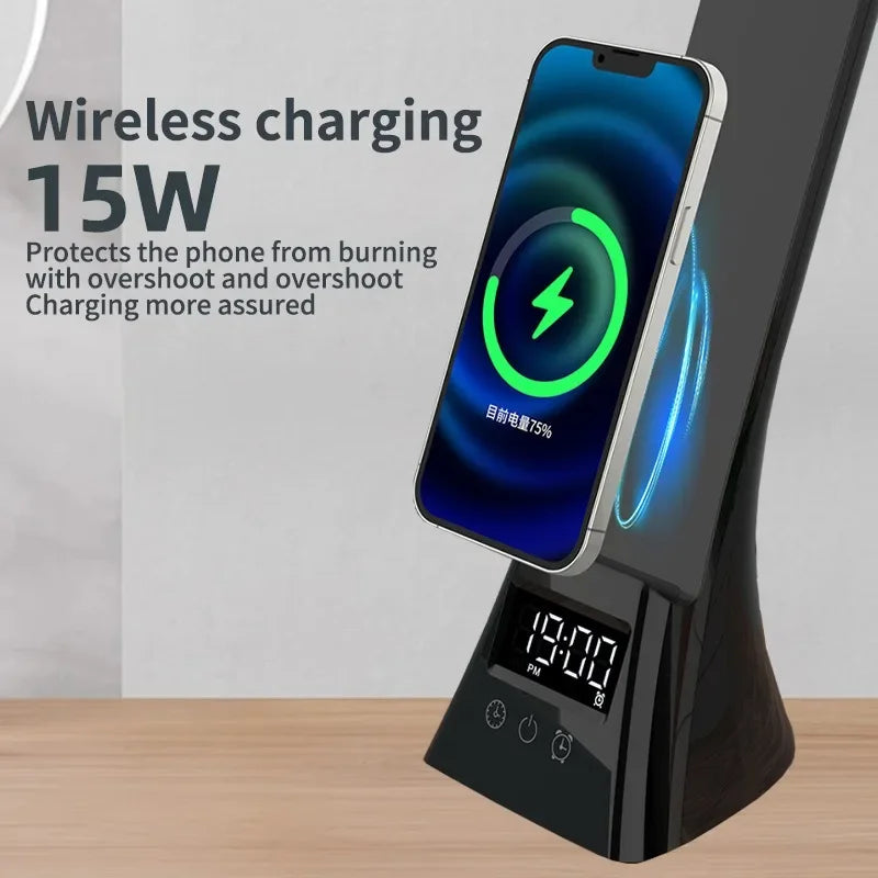 Multifunction LED Desk Lamp | Wireless Charger | Clock & Alarm | USB | Dimmable