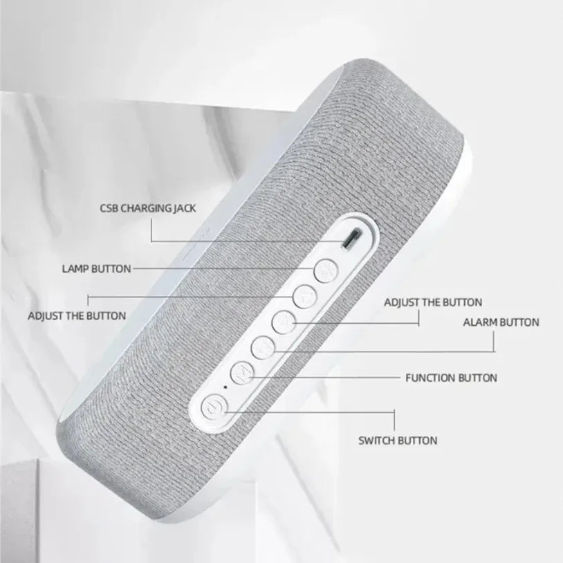 Gray portable speaker with labeled buttons on a white background