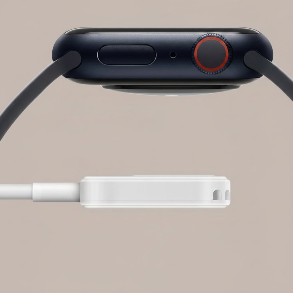 Smartwatch with charging cable on a beige background