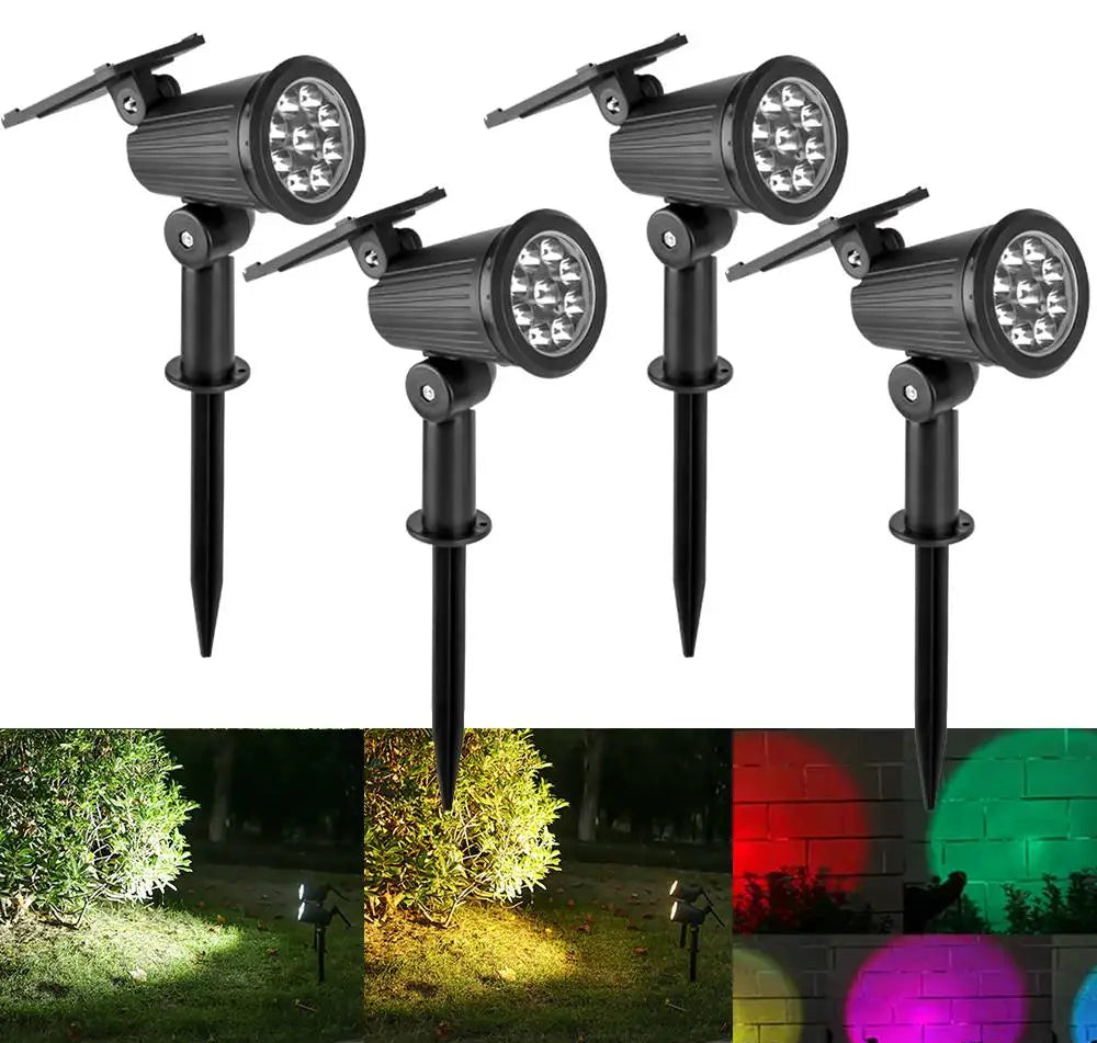 Four outdoor LED spotlights with color light effects on a white background.