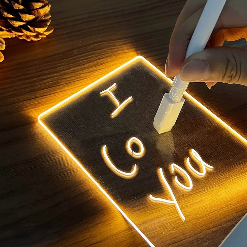 Handwriting 'I CO You' on a wooden board with a pen, surrounded by pine cones.