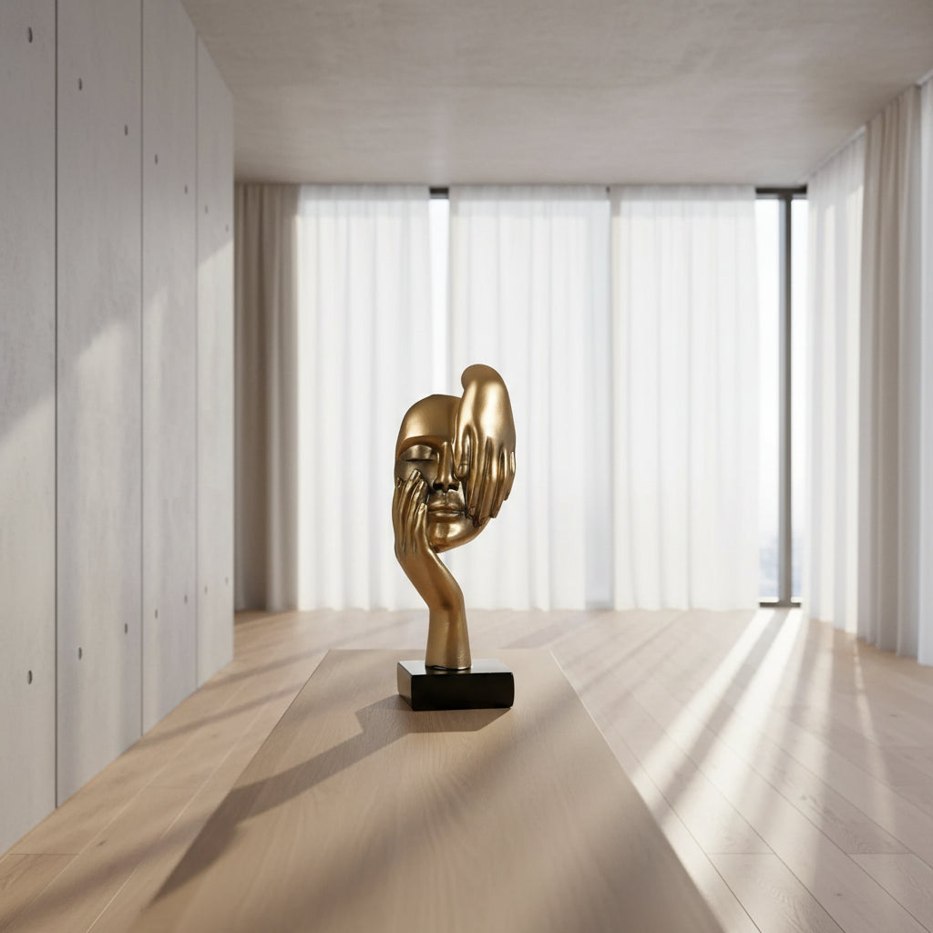 Gold abstract sculpture with dimensions on a dark background