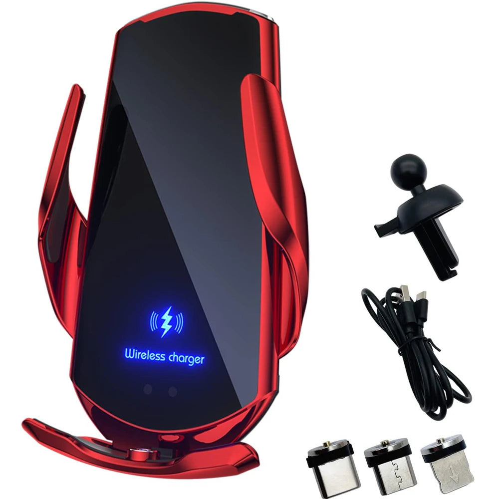 Smart Auto-Clamping Wireless Car Charger Mount in Red – 15W Fast Charging