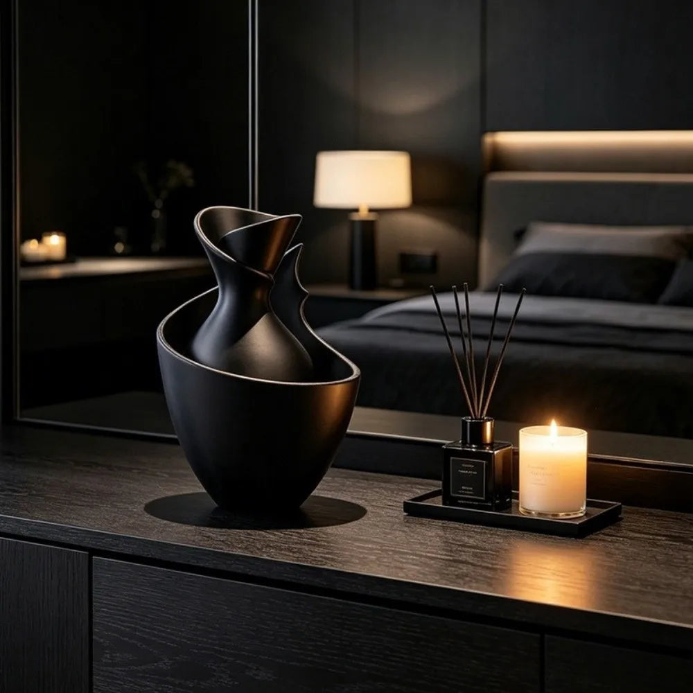 A matte black sculptural vase with a twisted neck sits on a dark wooden dresser in a modern, dimly lit bedroom. A lit candle and a reed diffuser are on a tray beside it, with a bed and lamp visible in the background.