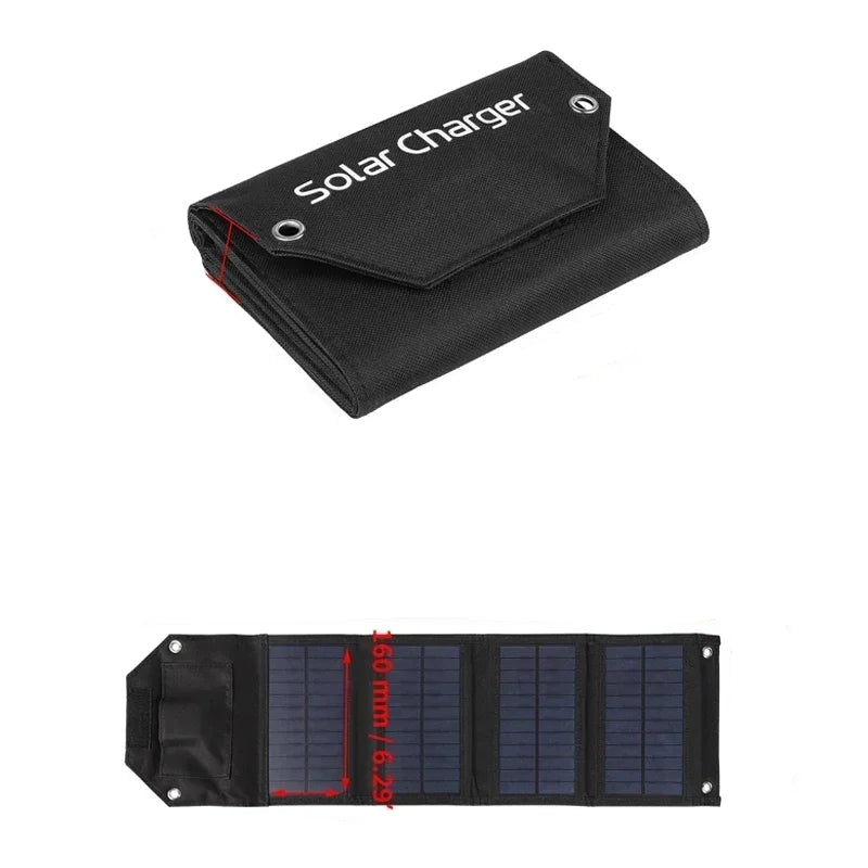 Solar charger with dimensions labeled on a white background