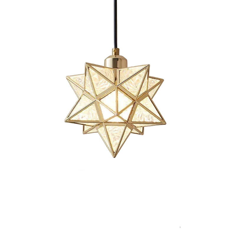 Geometric pendant light with dimensions and specifications on a gray background