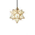 Geometric pendant light with dimensions and specifications on a gray background