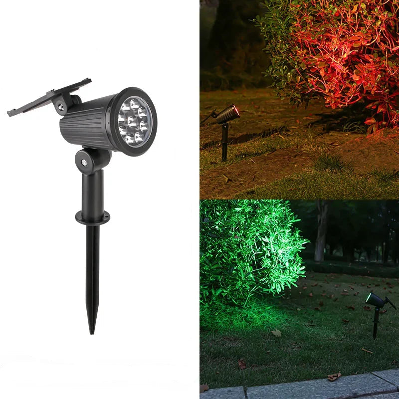 9 LED spotlight with dimensions and examples of colored lighting on plants.