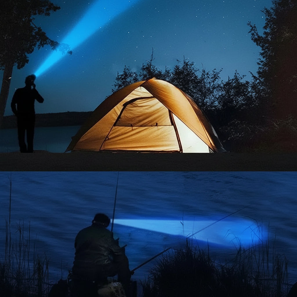 Person using a flashlight to light up a tent and another person fishing at night.