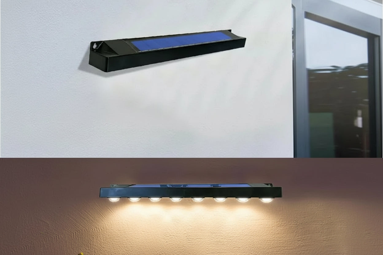 Solar-powered outdoor light with auto on/off feature, shown in sunlight and at night.