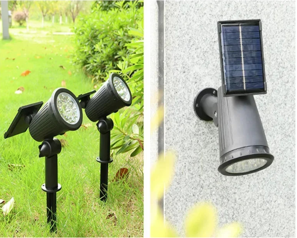 Solar-powered outdoor lights with installation methods shown on a white background.