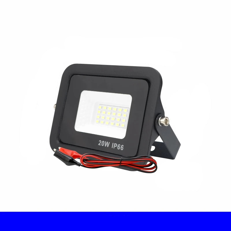 LED flood light with dimensions labeled on a white background
