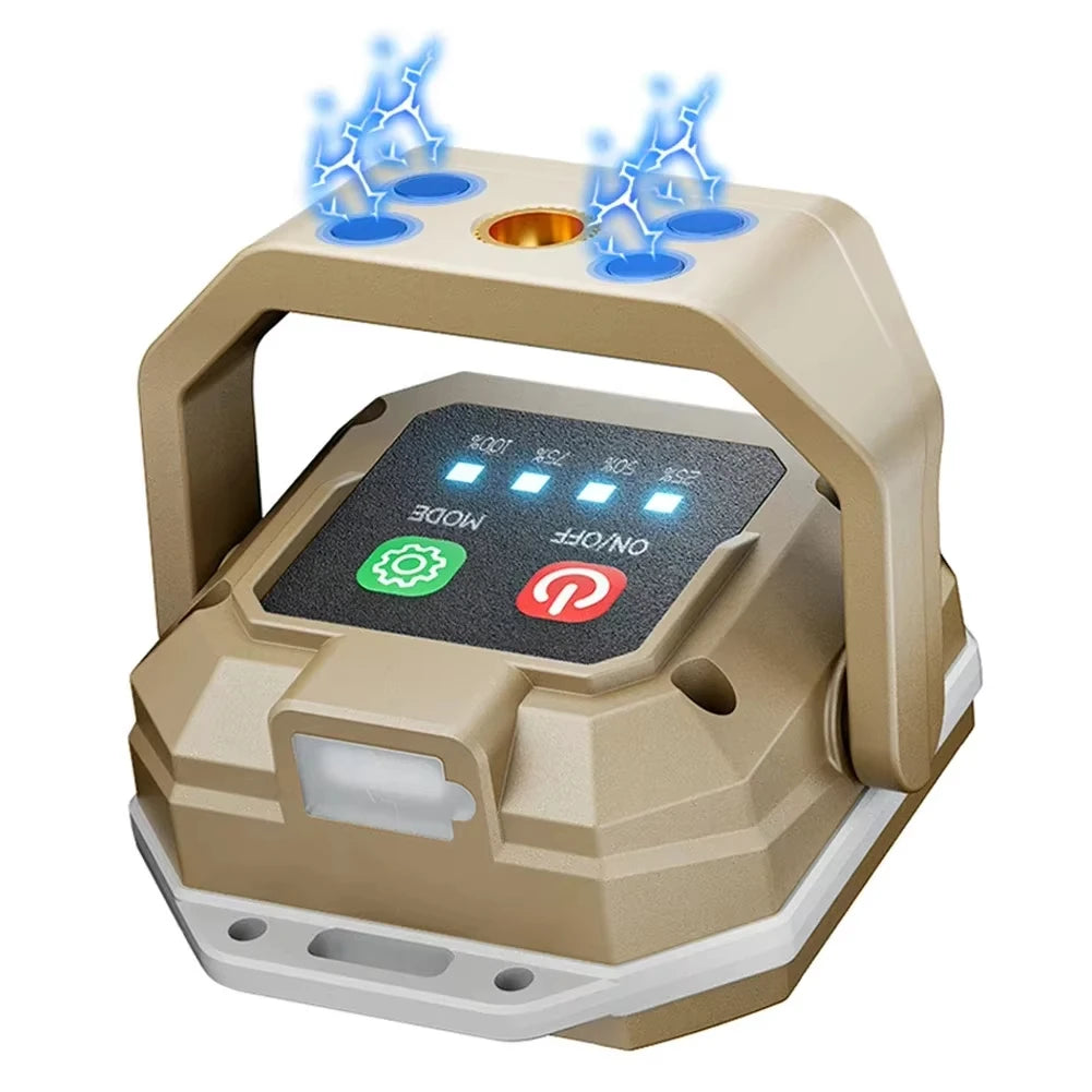 Beige electronic device with blue energy effects on a white background