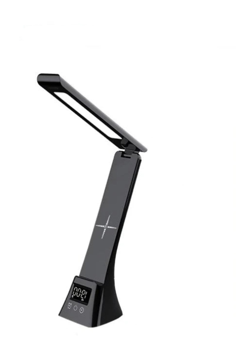 Desk lamp with dimensions and packaging on a white background