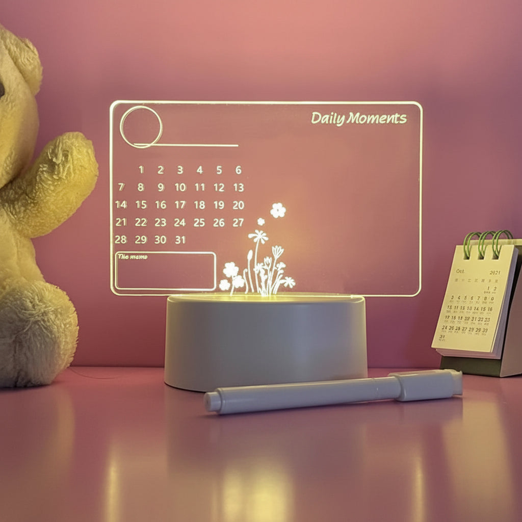 Tabletop calendar with LED display showing a calendar and floral design, next to a teddy bear and another calendar on a pink background.