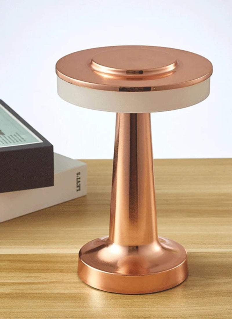 Copper-colored cylindrical object on a wooden surface with books and a potted plant in the background.