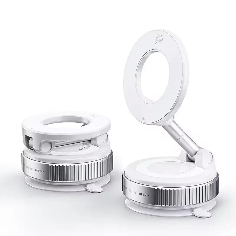 Strong magnetic car phone holder with 'Elegant White' text on a white background