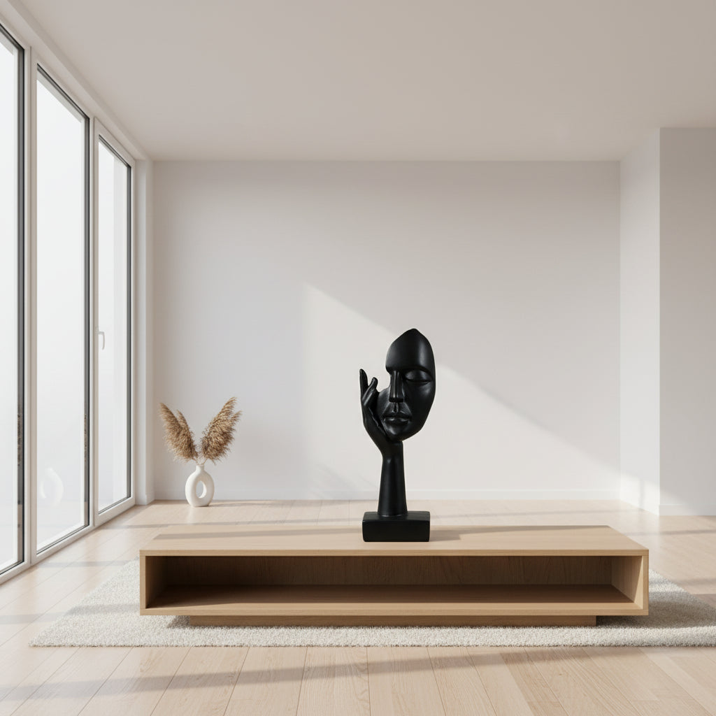 Black abstract sculpture with measurements on a dark background