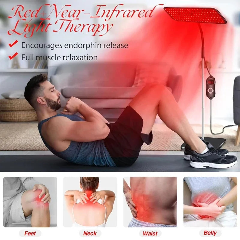Person using red near-infrared light therapy device with text highlighting benefits and pain relief areas.