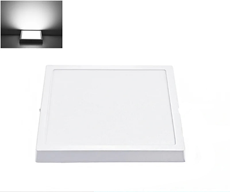 Square LED panel light with dimensions and voltage information on a white background